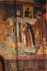 Фреска
-Изгнание иконы из
Константинополя-.
Фрагмент росписи
Смоленского собора. XVI в.